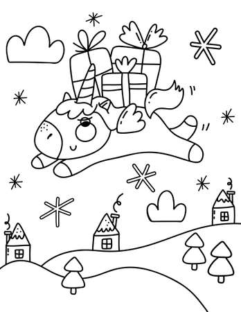 Christmas coloring book page. Unicorn with gifts coloring book page.の写真素材