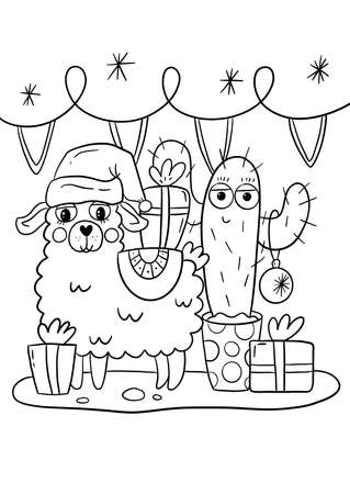 Christmas lama coloring book page. Lama with cactus illustration.の写真素材