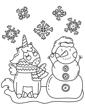 Christmas coloring book page. Unicorn with snowman coloring book page.の写真素材