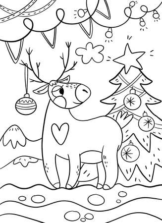 Coloring book page for Christmas. Deer near the Christmas tree and Christmas decorations.の写真素材