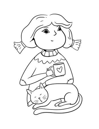 Coloring book page with girl and cat. Christmas winter coloring page for kids.の写真素材