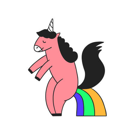 Vector hand drawn illustration with unicorn pooping rainbow. Cute element for sticker, patch or...