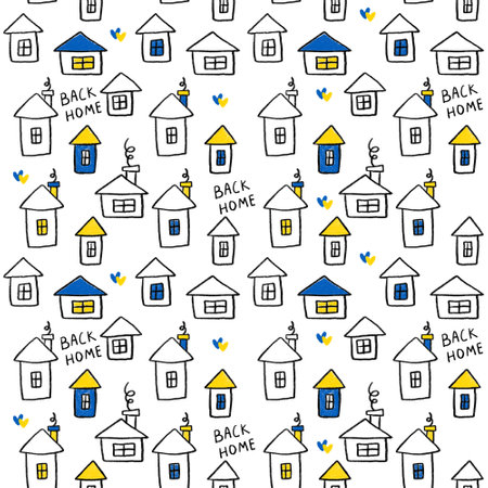 Ukrainian endless pattern with yellow blue elements on white background. Ukrainian back home concept. Textile print. Nature backgroundの写真素材