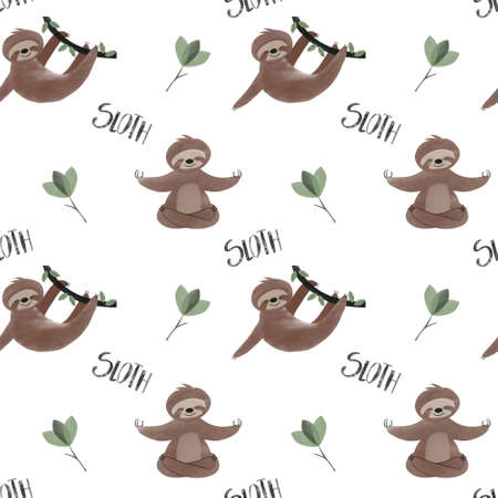 Endless sloth watercolor pattern for kids. Animal meditation background.の写真素材