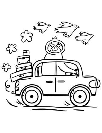 Summer sloth coloring page. Ð¡omic bear driving a car with suitcases. Sloth going on vacationの写真素材