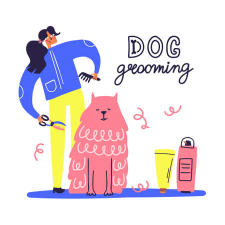 Dog grooming illustration. Women combing dog. Pet salon concept. Pet salon concept.のイラスト素材