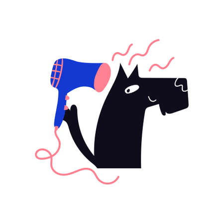 Dry dog with hair dryer. Pet salon concept. Doodle style vector illustration.のイラスト素材
