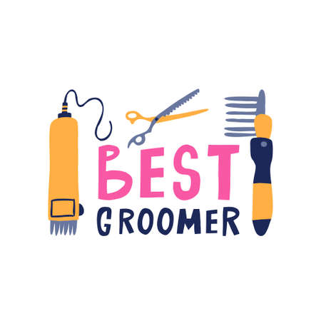 Best groomer vector illustration. Dog grooming tools with hand drawn lettering. Pet care concept.のイラスト素材