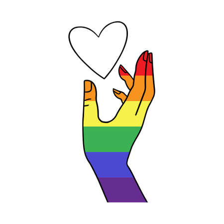 Arm holding the heart colored in LGBT pride colors on the white background. Concept of the International Day Against Homophobia concept, sexual equality, feminism, social safety.のイラスト素材