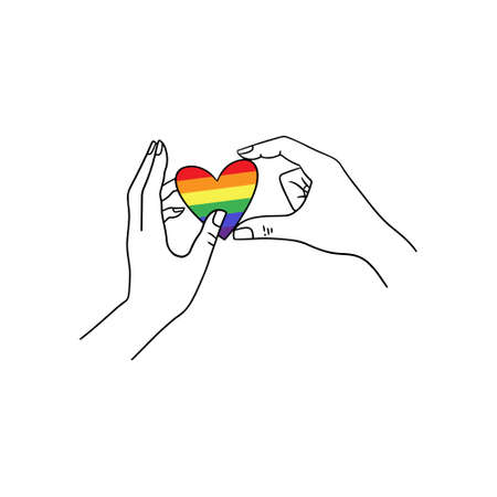 Arms holding the heart colored in LGBT pride colors on the white background. Concept of the International Day Against Homophobia concept, sexual equality, feminism, social safety.のイラスト素材