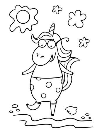 Happy unicorn coloring page for kids. Cartoon unicorn on the beach.の写真素材