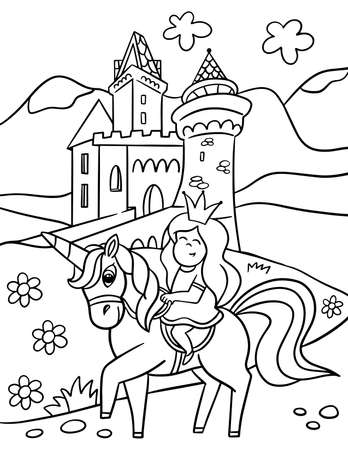 Unicorn with castle coloring page for kids. Children design.の写真素材