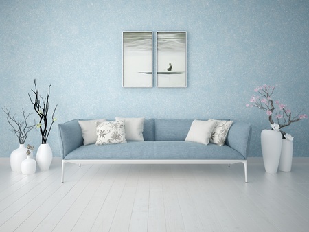 Mock up the living room with an epoque sofa and fashionable vases.の写真素材