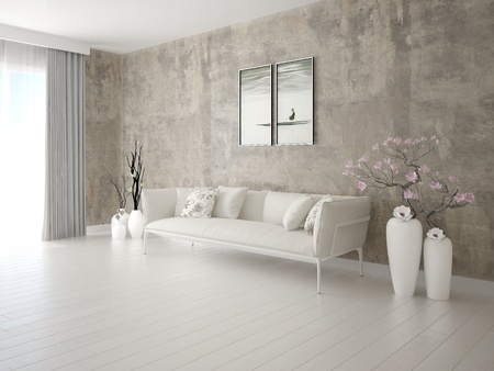 Mock up a stylish living room with a beautiful comfortable sofa and a hipster background.