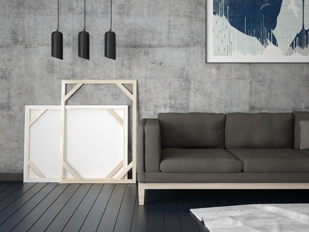 Mock up a fashionable living room with a comfortable comfortable sofa and a trendy hipster...