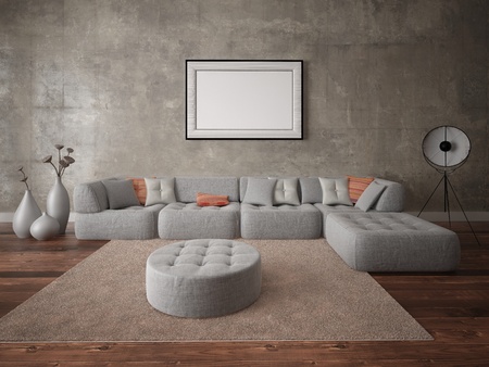 Mock up the living room in a modern style with a large corner sofa and a large empty frame.の写真素材
