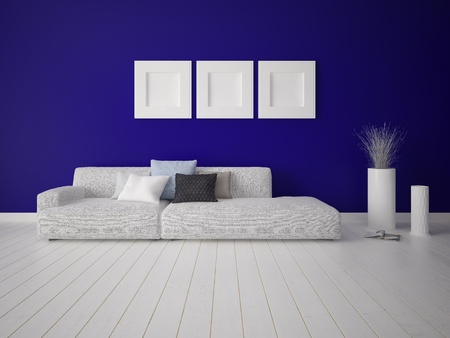 Mock up modern living room with dark blue background.の写真素材