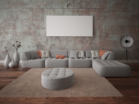 A stylish upstairs living room with a corner door.の写真素材