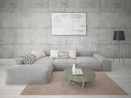 Mock up bright living room with stylish sofa and fashionable decorative plaster.の写真素材