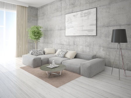 Large corner sofa with a stylish hipster backdrop.の写真素材