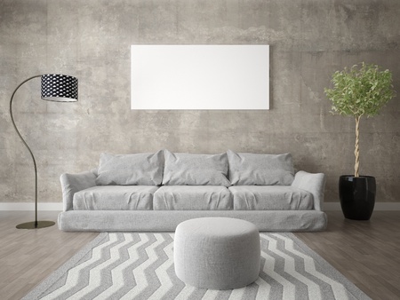 Mock up fashionable living room with sofa and stylish hipster backdrop.の写真素材