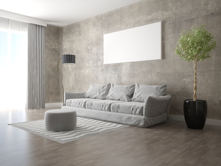 Mock up a bright living room with a hipster backdrop.の写真素材