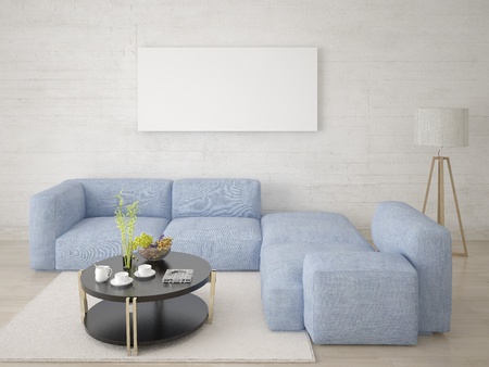 Mock up bright living room with sofa and bright hipster backdrop.の写真素材