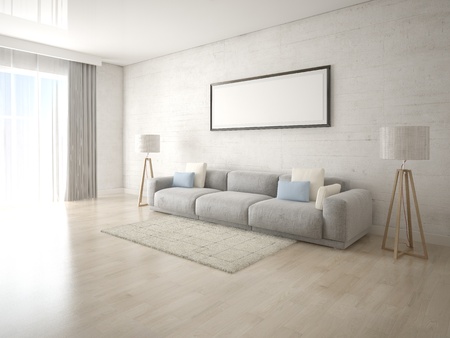 Mock up bright living room with stylish sofa and hipster backdrop.の写真素材