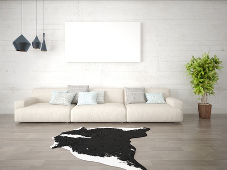 Mock up a spacious living room with a sofa and a bright hipster backdrop.の写真素材