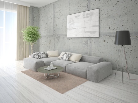 Mock up modern living room with large corner sofa and fashionable hipster backdrop.の写真素材