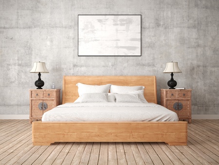 Mock up a comfortable bedroom with a trendy bed.の写真素材