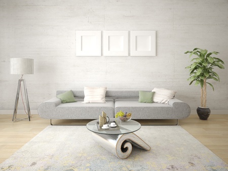 Mock up bright living room with compact sofa and light hipster backdrop.の写真素材