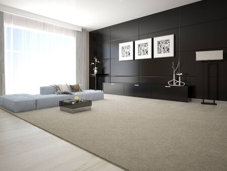Mock up a modern living room with a stylish corner sofa and an original dark background.の写真素材