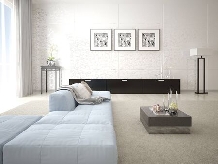 Mock up the perfect living room with a stylish corner sofa and a trendy light backdrop.の写真素材