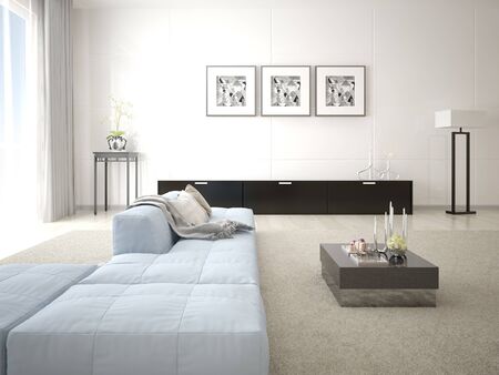 Mock up a stylish living room with an original large sofa and a bright trendy background.の写真素材
