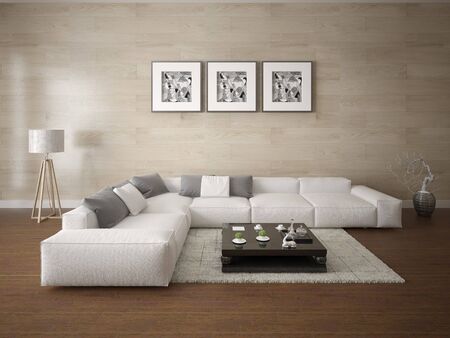 Mock up a modern living room with a bright corner sofa and a stylish, original backdrop.の写真素材