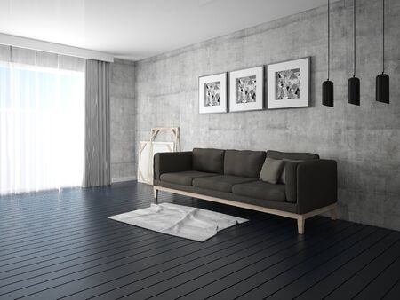 Mock up a stylish living room with a trendy original sofa and a modern hipster background.の写真素材