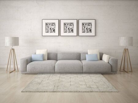 Mock up a trendy living room with a stylish corner sofa and an original hipster backdrop.の写真素材