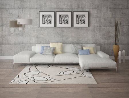 Mock up a trendy living room with a stylish corner sofa and an original hipster backdrop.の写真素材