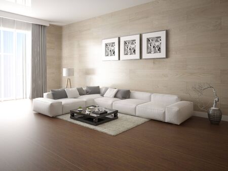 Mock up the perfect living room with a wide comfortable sofa and trendy decorative plaster.の写真素材