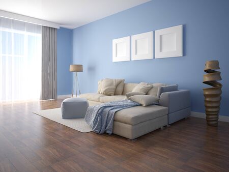 Mock up a modern living room with a large corner sofa and stylish original background.の写真素材