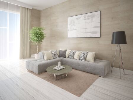 Mock up fashionable living room with a comfortable corner sofa and stylish modern background.の写真素材
