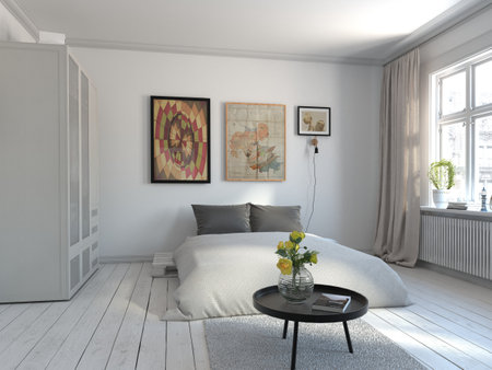 Modern comfortable bedroom with a large stylish bed and a white background.の写真素材