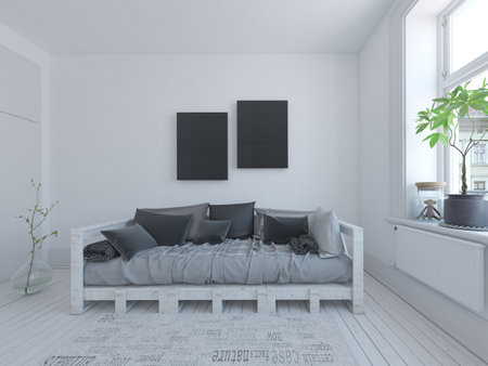 Mock up a modern living room with a brown sofa and a stylish lamp.の写真素材