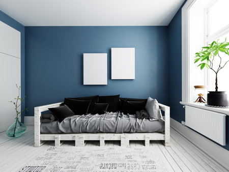 Mock up compact living room with stylish modern sofa and trendy original background, 3d rendering.の写真素材