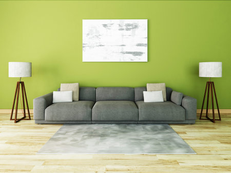 Mock up a spacious living room with a large comfortable sofa and fashionable decorative plaster, 3d rendering.の写真素材