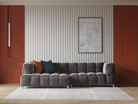 interior with sofa, carpet and wall mockup 3d renderの写真素材