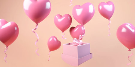 AI generated flying heart ballon with gift box, Valentine's Day design concept in pink background. Generative AI. AI content.の素材