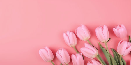Mother's day, Valentine's Day background concept with pink tulip flowers. Generative AI.の素材