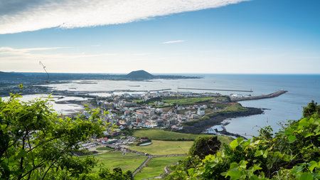 Jeju island, South Korea - Jun. 04, 2023: Beautiful seongsan port at Jeju do (Jeju island), view from top of Seongsan Ilchulbong, sunrise peak.のeditorial素材